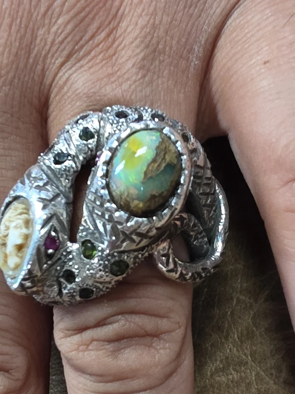Sterling Silver Opal & Cameo Double-Headed Serpent Ring - Green Accents